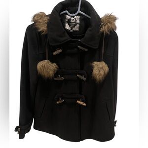 Vintage Y2K Black Duffle Coat Hoodie Fur Trim Peacoat Grunge Med Streetwear